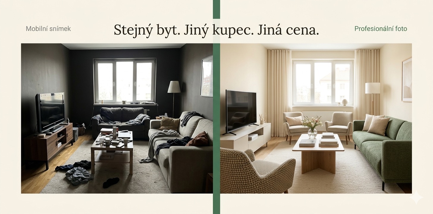 Srovnání běžné a profesionální prezentace nemovitosti — stejný byt, jiná prezentace, jiná cena.