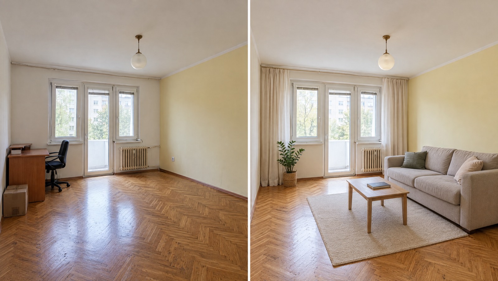 Prázdná místnost před home stagingem a po něm: vybavený pokoj působí větší a hodnotnější.